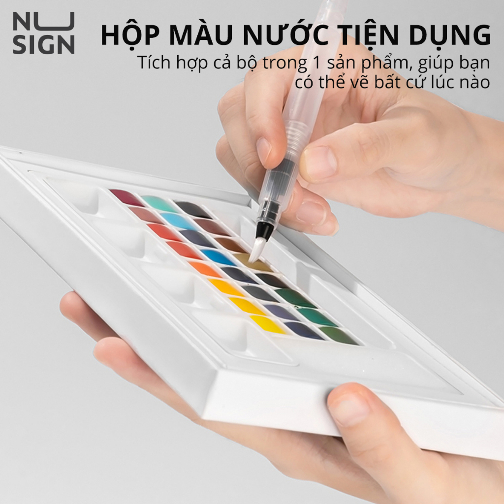 Màu Nước Solid Water Color NUSIGN Cao Cấp 24 Màu Tặng Bút Nước, Mút NS733
