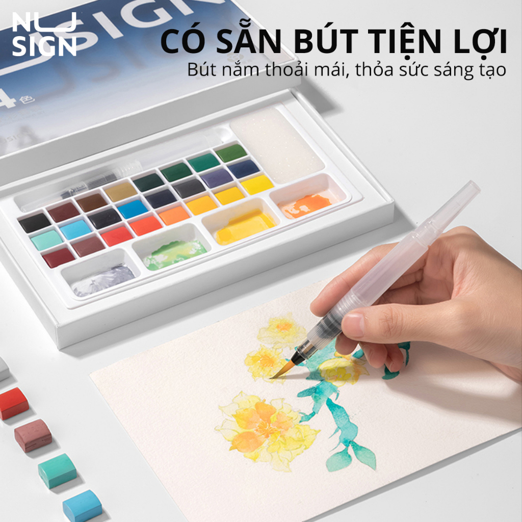 Màu Nước Solid Water Color NUSIGN Cao Cấp 24 Màu Tặng Bút Nước, Mút NS733