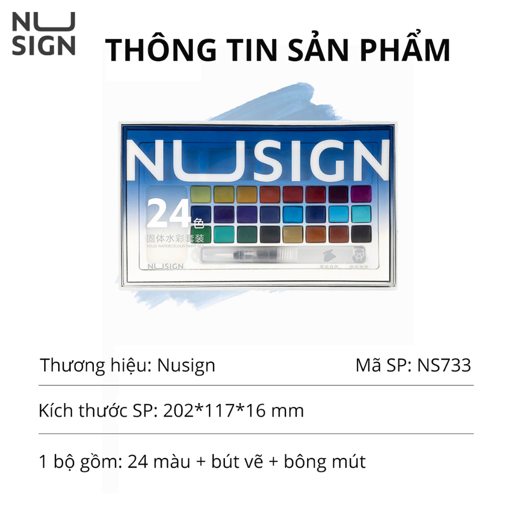 Màu Nước Solid Water Color NUSIGN Cao Cấp 24 Màu Tặng Bút Nước, Mút NS733