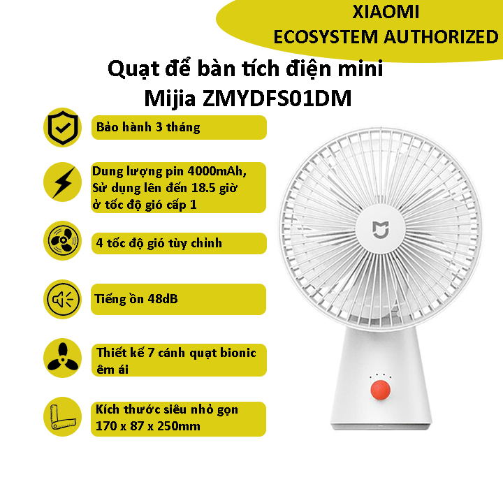 Quạt để bàn tích điện mini Mijia ZMYDFS01DM 10W, pin 4000mAh - Bảo hành 3 tháng - Bảo hành 3 tháng - Shop  MI Ecosystem