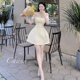 Váy tafta phối ren nổi 2 dây rớt vai dáng chữ A, hàng thiết kế