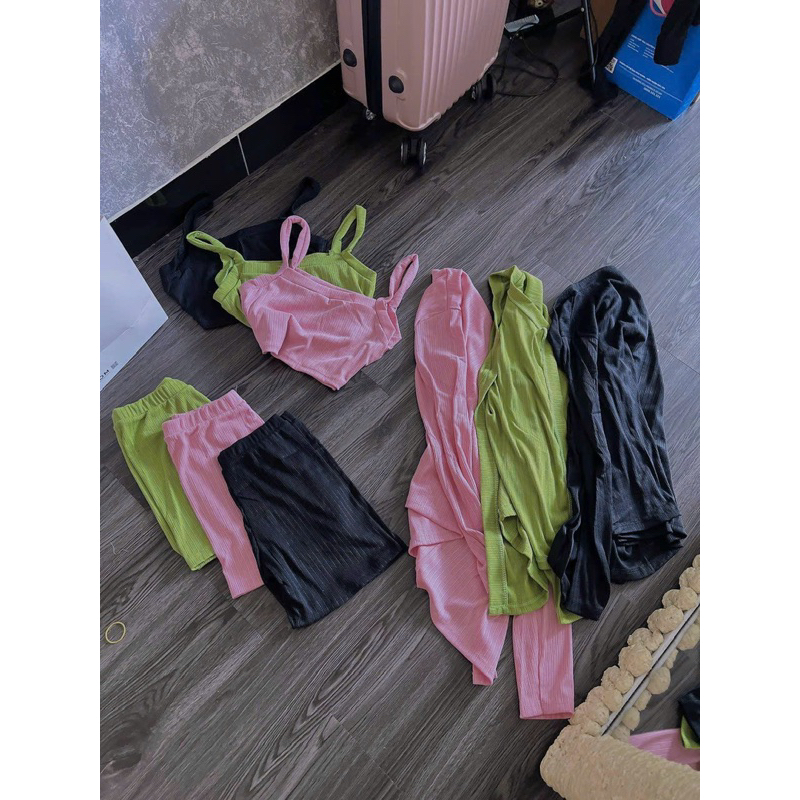 Set Bộ 3 Món Áo Croptop Dây Bản To Short Siêu Cao Kèm Khoác Dài Gân Xương Cá