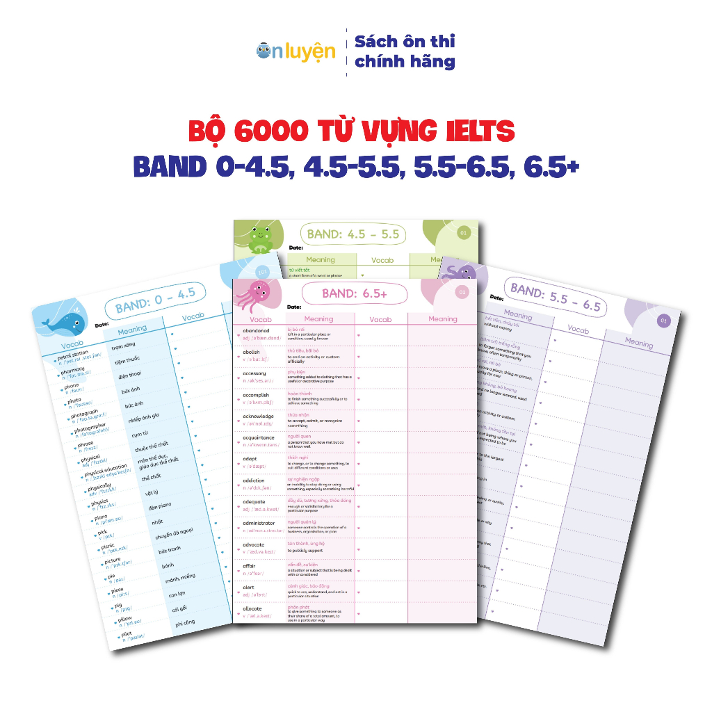 Bộ 6000 từ vựng IELTS theo band 0-4.5, 4.5-5.5, 5.5-6.5, 6.5+, dạng takenote dễ học dễ nhớ - Nhà sách Ôn luyện