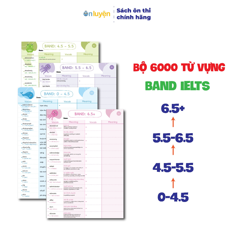 Bộ 6000 từ vựng IELTS theo band 0-4.5, 4.5-5.5, 5.5-6.5, 6.5+, dạng takenote dễ học dễ nhớ - Nhà sách Ôn luyện