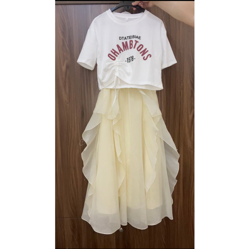 Set váy 2 dây và áo thun nữ , đầm mềm mại tiểu thư mix cùng áo cotton nữ có dây rút chỉnh dáng phong cách Hàn Quốc