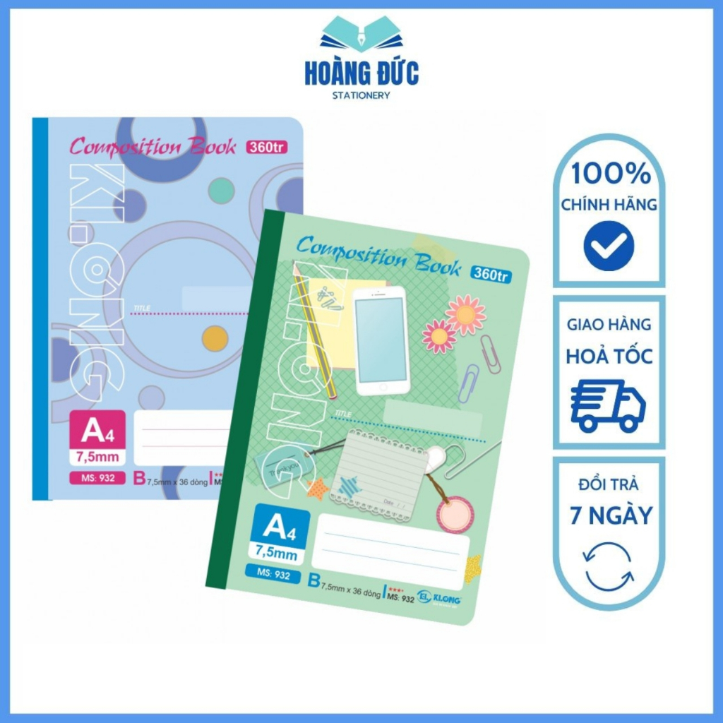Sổ kẻ ngang A4 Klong may dán gáy Composition Book 320 trang - MS: 931, 360 trang - MS: 932 - Hoàng Đức