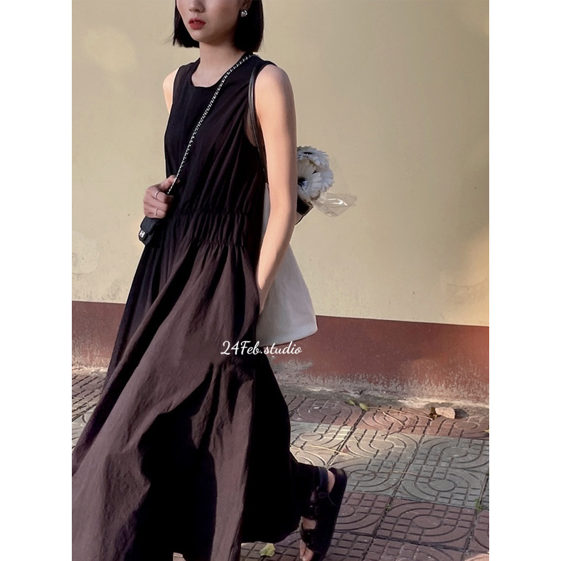 Váy maxi sát nách nhún eo phong cách Vintage Hàn Quốc