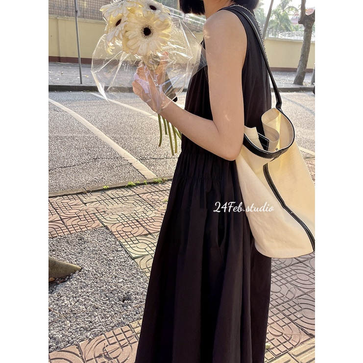 Váy maxi sát nách nhún eo phong cách Vintage Hàn Quốc