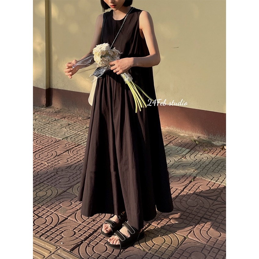 Váy maxi sát nách nhún eo phong cách Vintage Hàn Quốc