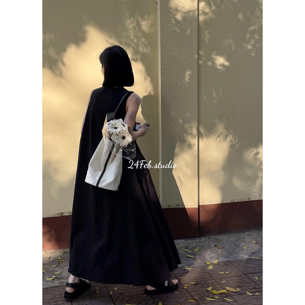 Váy maxi sát nách nhún eo phong cách Vintage Hàn Quốc