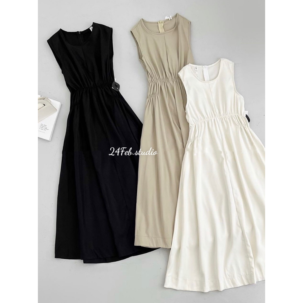 Váy maxi sát nách nhún eo phong cách Vintage Hàn Quốc