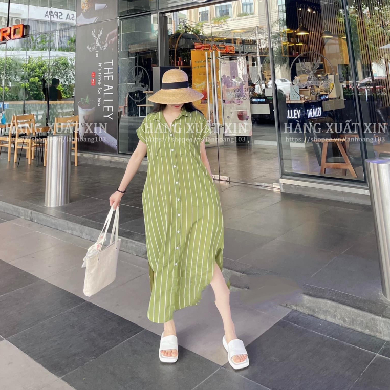 Váy suông Gu cổ sơ mi dáng midi có túi