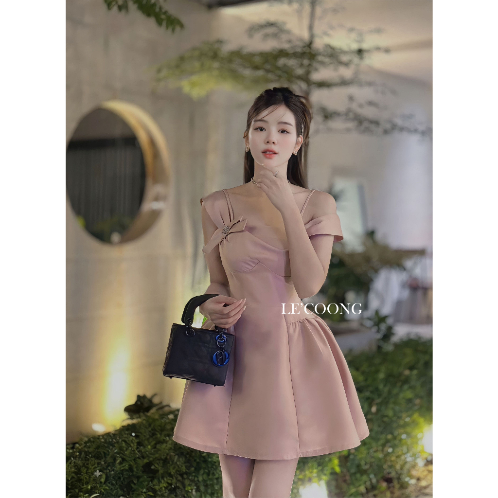 Đầm Dự Tiệc Dáng Ngắn LECOONG V391 Váy Trễ Vai Tafta Đen Hồng Be Tiểu Thư