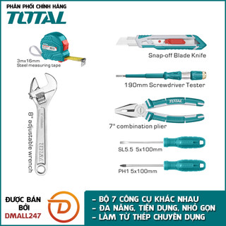 Bộ dụng cụ 7 món gồm thước, dao, kềm, tua vít, mỏ lếch, bút thử điện total thkthp90076 - đa năng, 7in1, làm từ thép