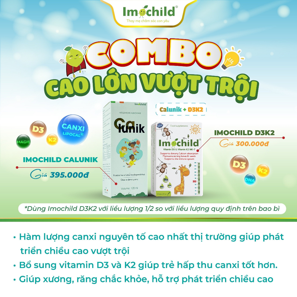 Vitamin D3 K2 MK7 và Canxi Sinh Học Calunik Giúp Bé Cao Lớn Vượt Trội - IMOCHILD
