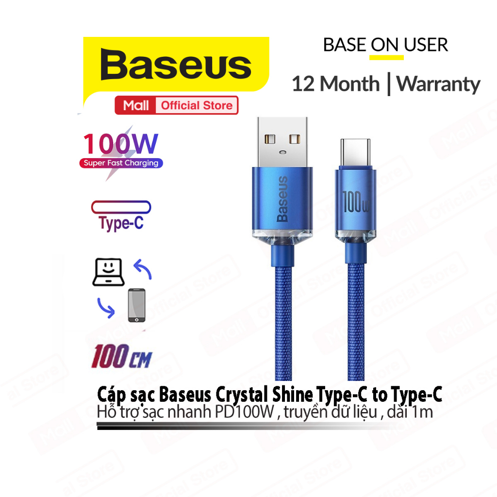Cáp sạc nhanh PD100W USB to Type-C Baseus Crystal Shine thiết kế chống gãy gập ,truyền dữ liệu dài 120cm/200cm
