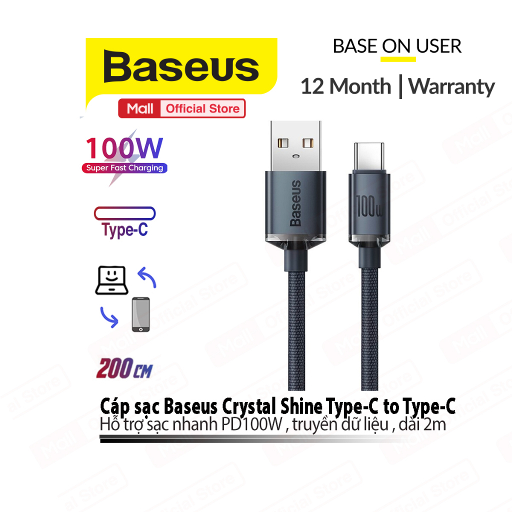 Cáp sạc nhanh PD100W USB to Type-C Baseus Crystal Shine thiết kế chống gãy gập ,truyền dữ liệu dài 120cm/200cm