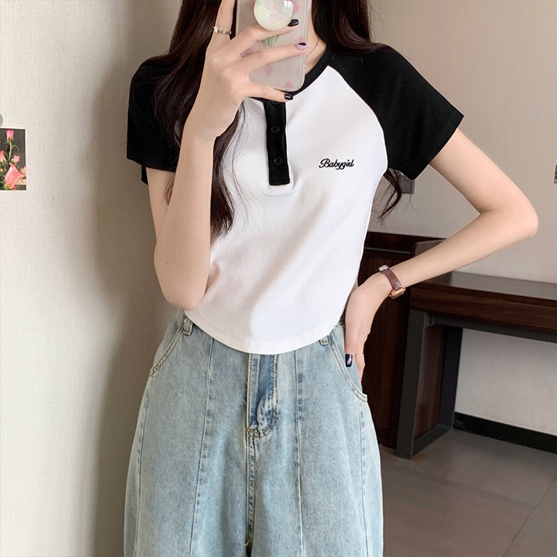 Áo thun Croptop ngắn tay cổ tròn BABYGID Nhiều Cúc Hot Trend, Áo phông cộc tay màu sắc tương phản thời trang mùa hè AP07 | BigBuy360 - bigbuy360.vn