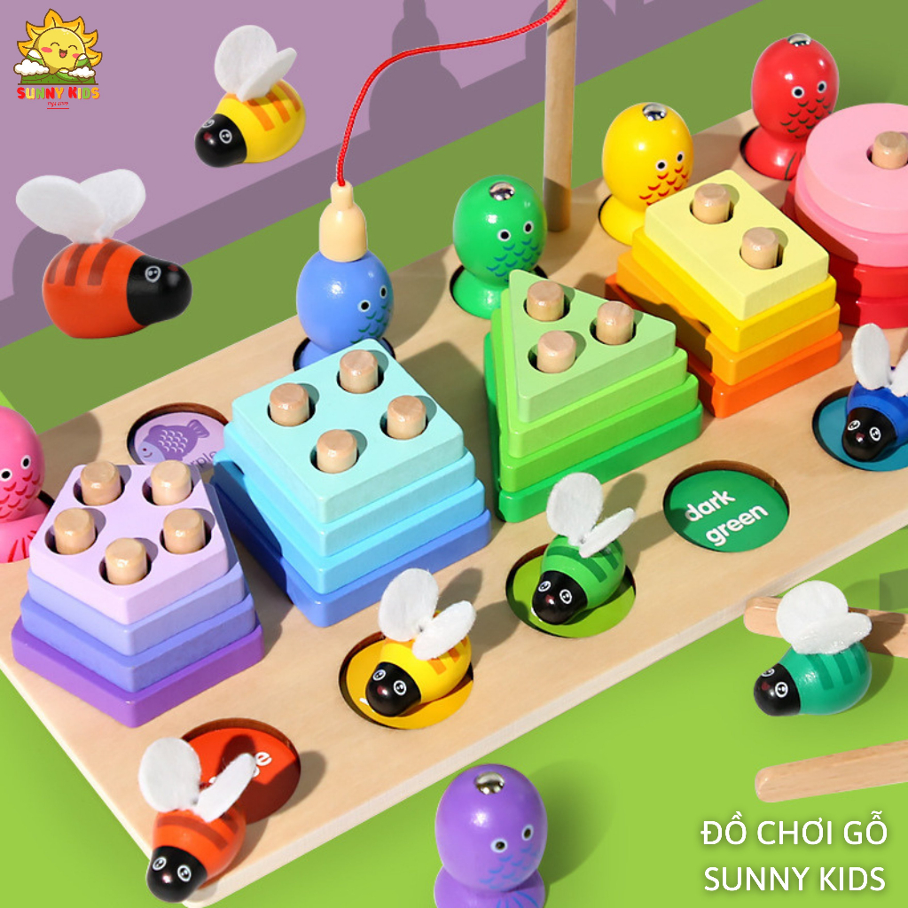 Bảng đồ chơi thông minh bằng gỗ tư nhiên, lắp ráp khối hình cơ bản, đồ chơi câu cá, gắp ong, cắt trái cây - Sunny Kids