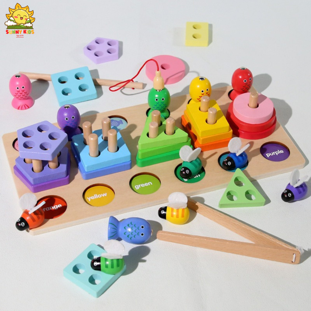 Bảng đồ chơi thông minh bằng gỗ tư nhiên, lắp ráp khối hình cơ bản, đồ chơi câu cá, gắp ong, cắt trái cây - Sunny Kids