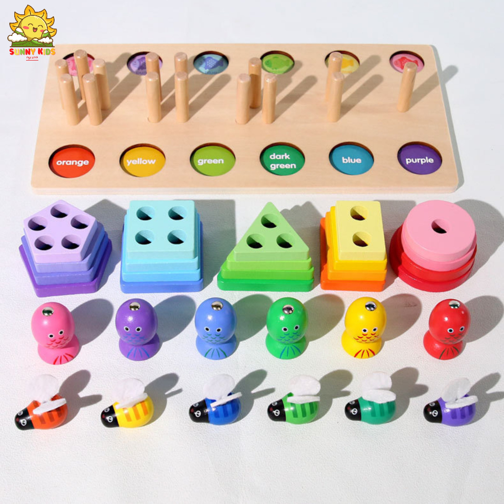 Bảng đồ chơi thông minh bằng gỗ tư nhiên, lắp ráp khối hình cơ bản, đồ chơi câu cá, gắp ong, cắt trái cây - Sunny Kids