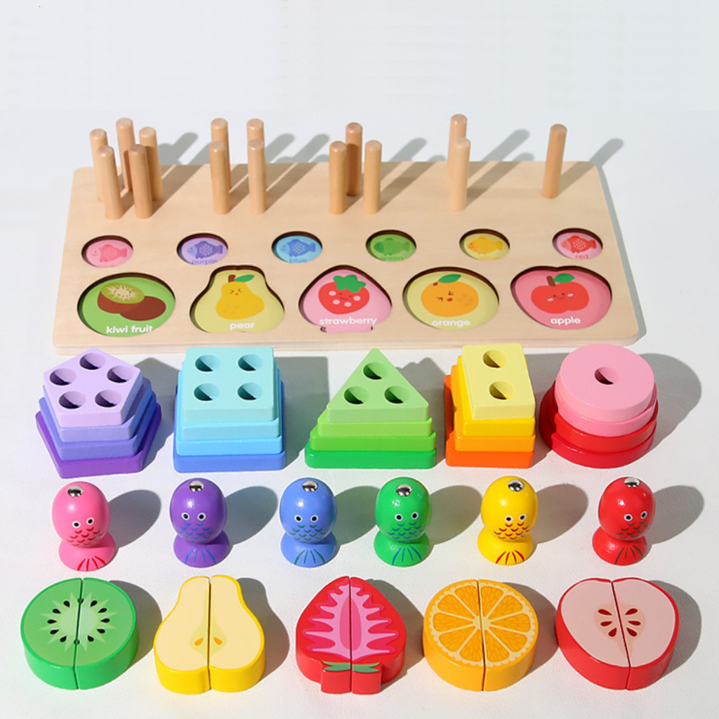 Bảng đồ chơi thông minh bằng gỗ tư nhiên, lắp ráp khối hình cơ bản, đồ chơi câu cá, gắp ong, cắt trái cây - Sunny Kids