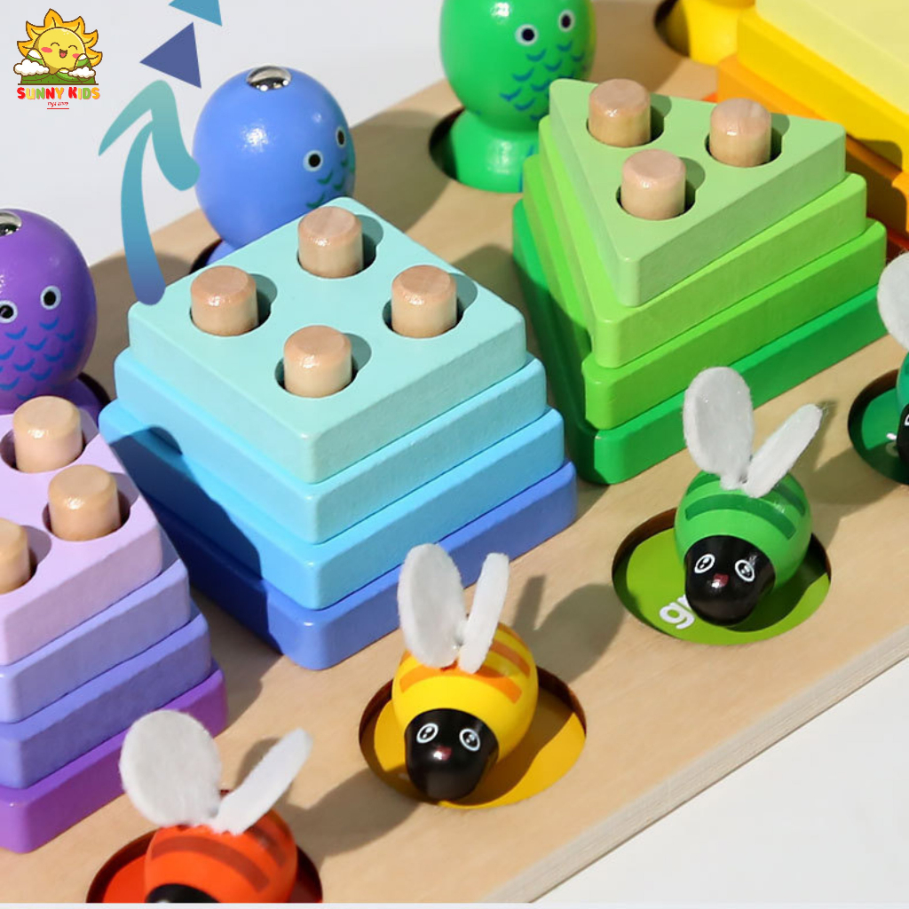 Bảng đồ chơi thông minh bằng gỗ tư nhiên, lắp ráp khối hình cơ bản, đồ chơi câu cá, gắp ong, cắt trái cây - Sunny Kids