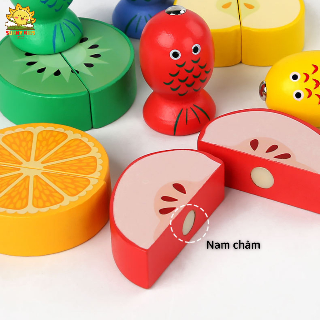 Bảng đồ chơi thông minh bằng gỗ tư nhiên, lắp ráp khối hình cơ bản, đồ chơi câu cá, gắp ong, cắt trái cây - Sunny Kids