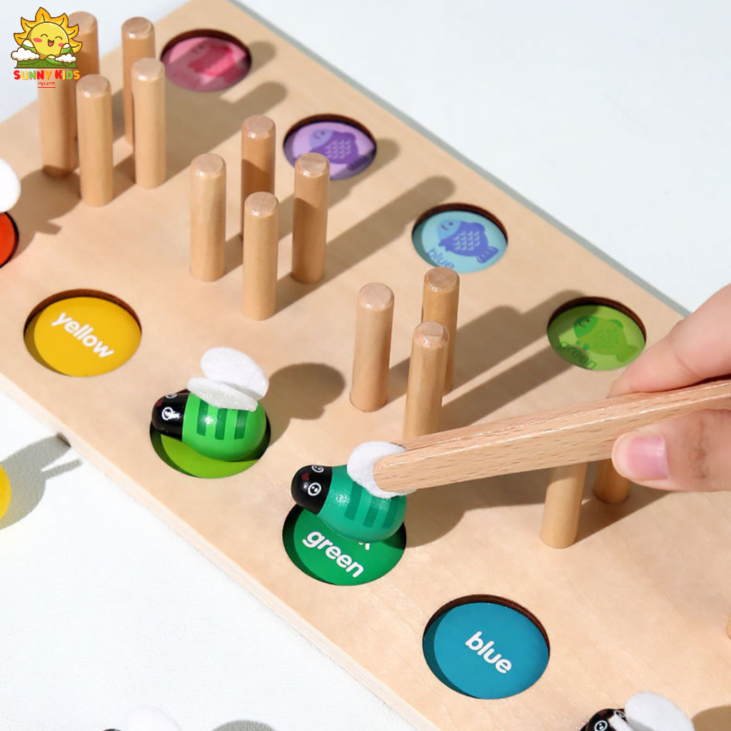 Bảng đồ chơi thông minh bằng gỗ tư nhiên, lắp ráp khối hình cơ bản, đồ chơi câu cá, gắp ong, cắt trái cây - Sunny Kids