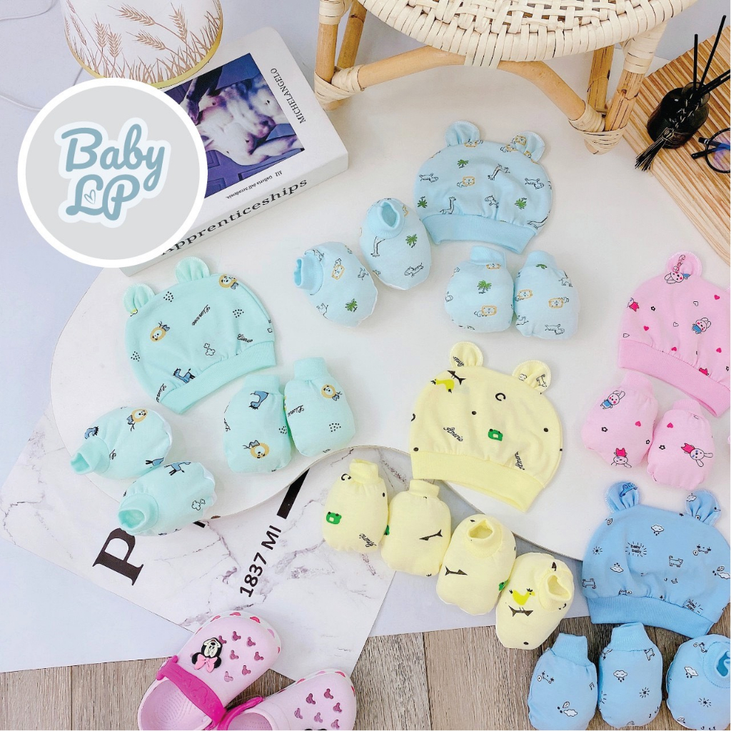 Sét mũ và bao tay bao chân HỌA TIẾT 5 MÓN chất cực đẹp đáng yêu cho bé SM03