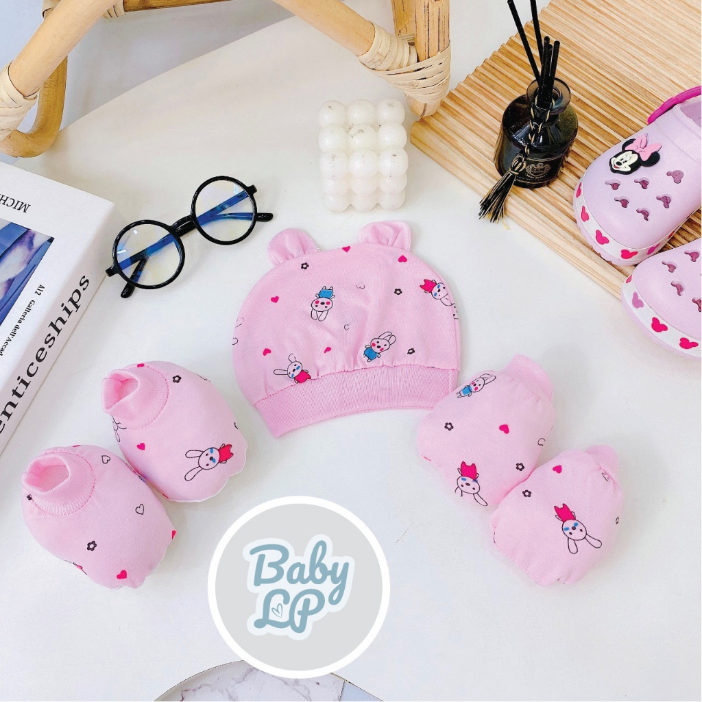 Sét mũ và bao tay bao chân HỌA TIẾT 5 MÓN chất cực đẹp đáng yêu cho bé SM03