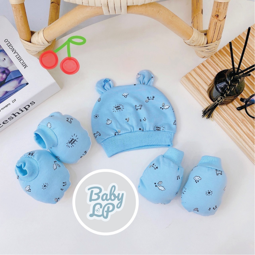 Sét mũ và bao tay bao chân HỌA TIẾT 5 MÓN chất cực đẹp đáng yêu cho bé SM03