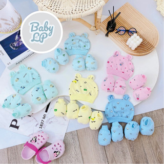 Sét Mũ Và Bao Tay Bao Chân Cho Bé Sơ Sinh Cotton Họa Tiết, Mềm Mại Đáng Yêu