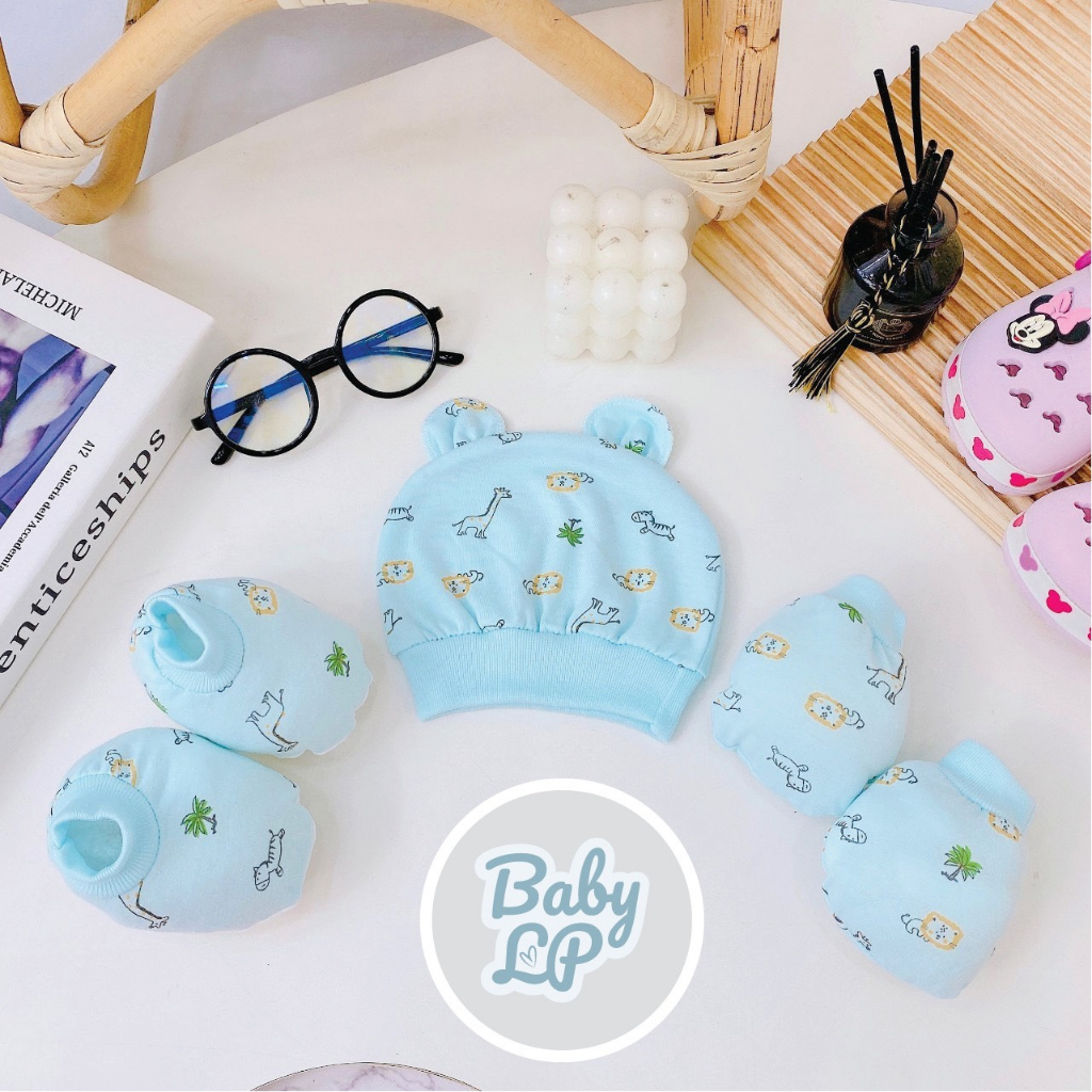 Sét mũ và bao tay bao chân HỌA TIẾT 5 MÓN chất cực đẹp đáng yêu cho bé SM03