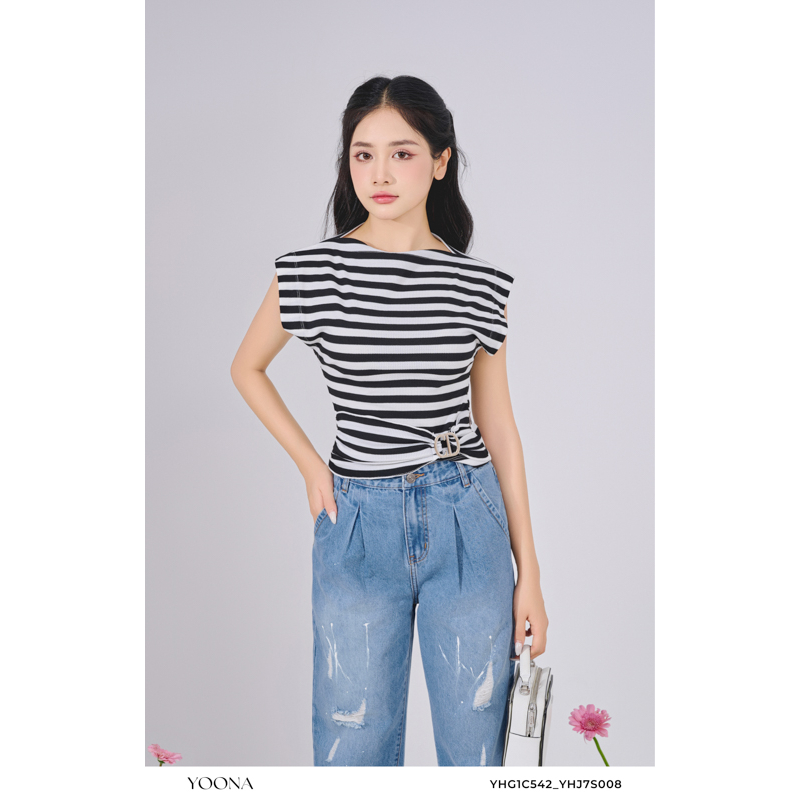 Áo thun cotton kẻ đen sát nách xoắn eo Yoona - YHG1C542