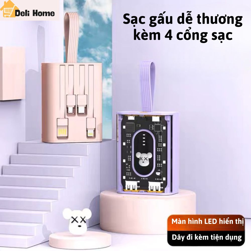 Sạc Pin Dự Phòng 20000mAh Hình Gấu Chính Hãng Ekawi Xy694, Tích Hợp Màn Hình Led Kèm 4 Cáp Sạc, Đèn Pin Tiện Lợi