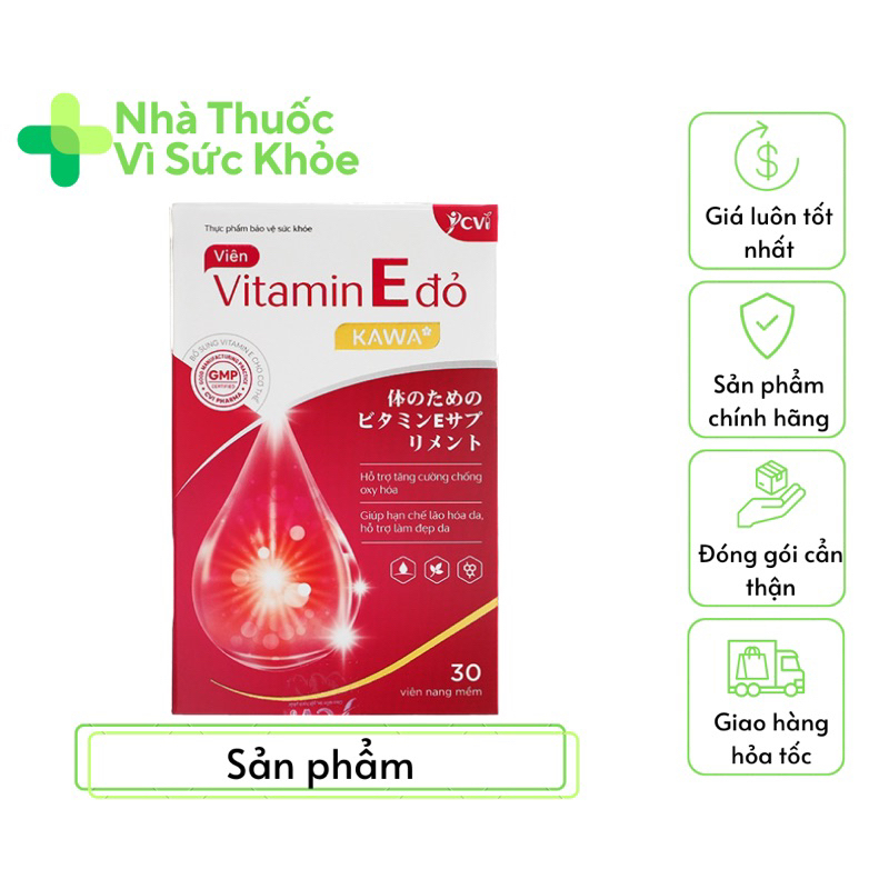 ✅[Chính hãng] Vitamin E đỏ KAWA làm đẹp da, ngăn ngừa lão hoá (Hộp 30 viên)