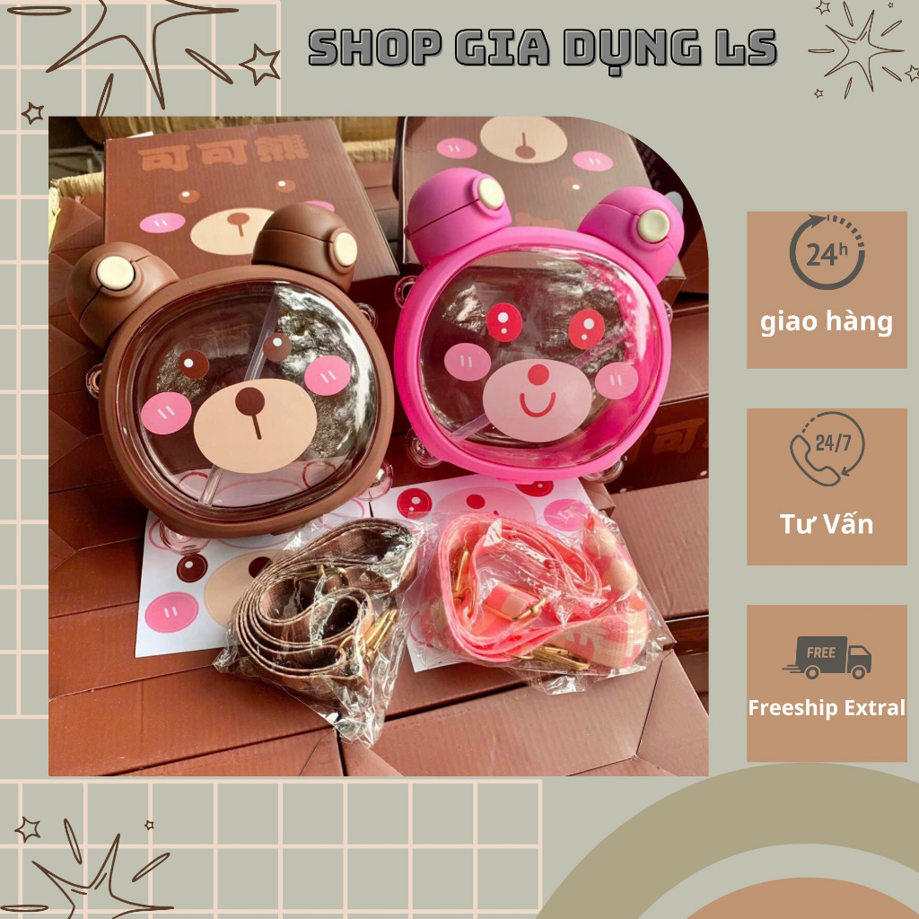 Bình đựng nước hình gấu cute, phong cách Hàn Quốc mẫu mới Với thiết kế đặc biệt 2 đường uống dung tích 750ml