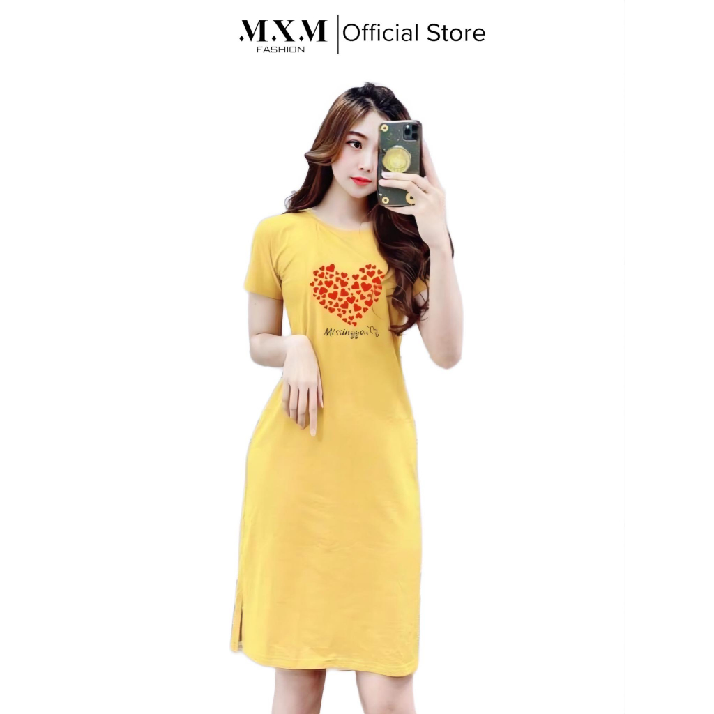 Đầm thun nữ dáng suông xẻ tà MXM in hình tim dễ thương mã D133