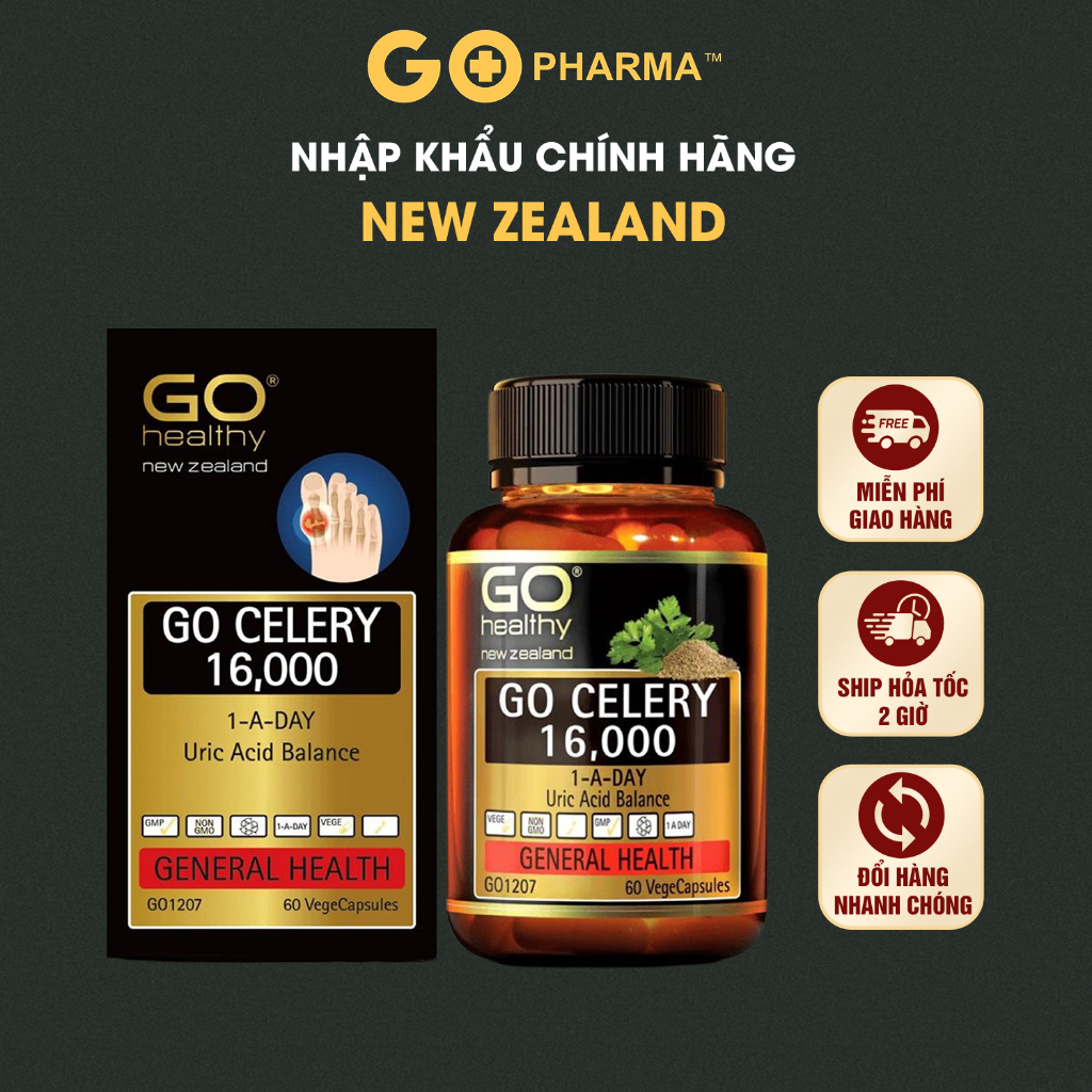 Viên Gút GO Healthy GO CELERY 16000 New Zealand giúp giảm acid uric, giảm triệu chứng sưng đau do Gút - 30 và 60 viên