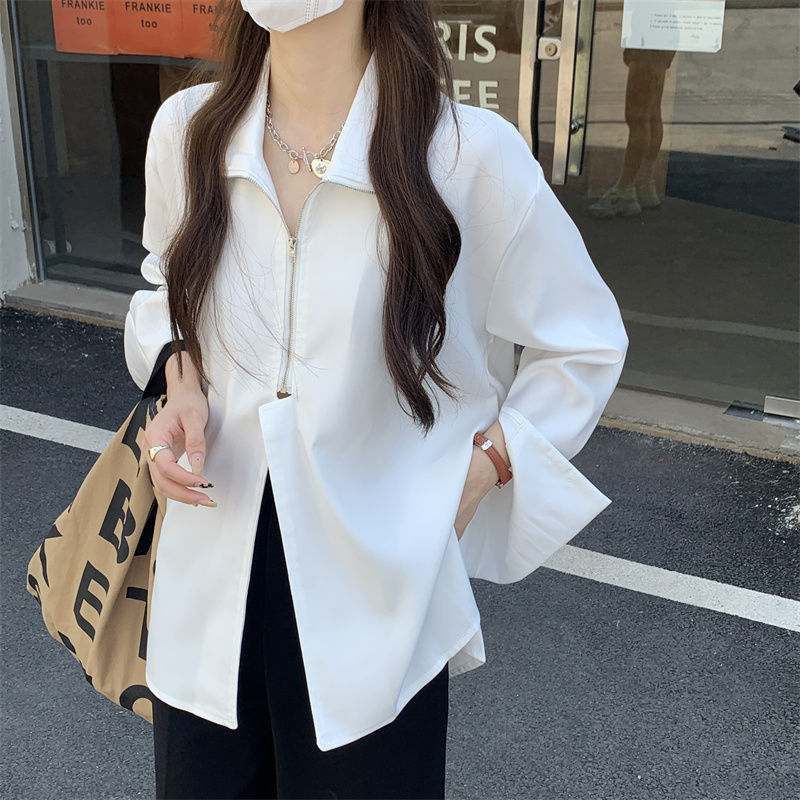 Áo sơ mi nữ, áo sơ mi kiểu có khoá giữa, xẻ tà chất cotton lạnh freesize cá tính by Rêveuse