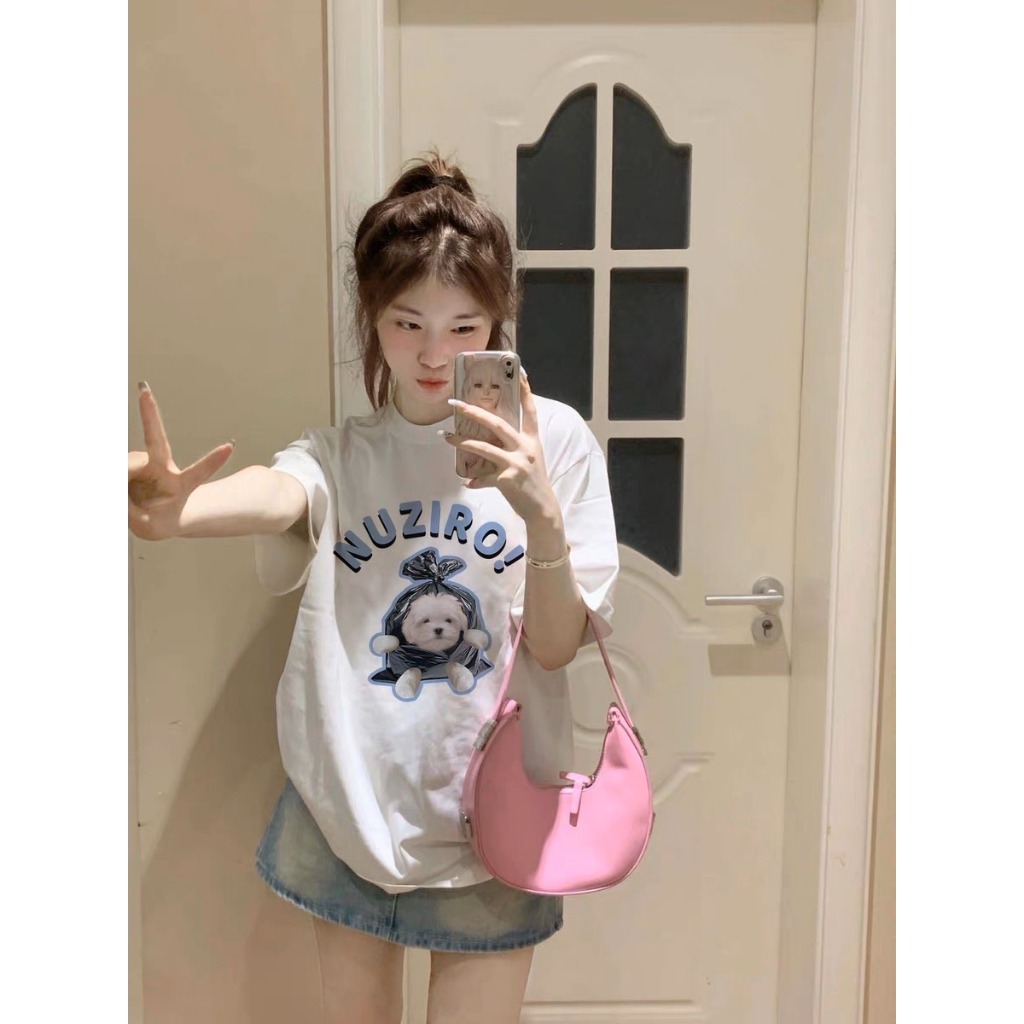 Áo thun GCBV 100% cotton in ngắn tay dáng rộng mẫu chó con thời trang cho nữ