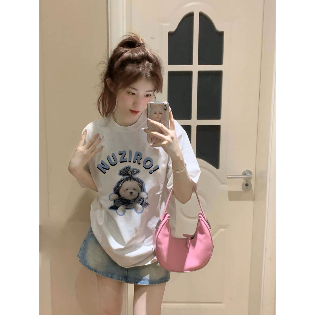 Áo thun GCBV 100% cotton in ngắn tay dáng rộng mẫu chó con thời trang cho nữ