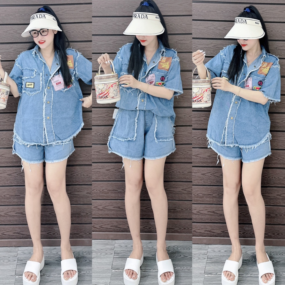 Set bộ đồ jean nữ siêu xịn áo somi form rộng họa tiết áo dễ thương mix quần short ngắn siêu xinh dành cho các nàng