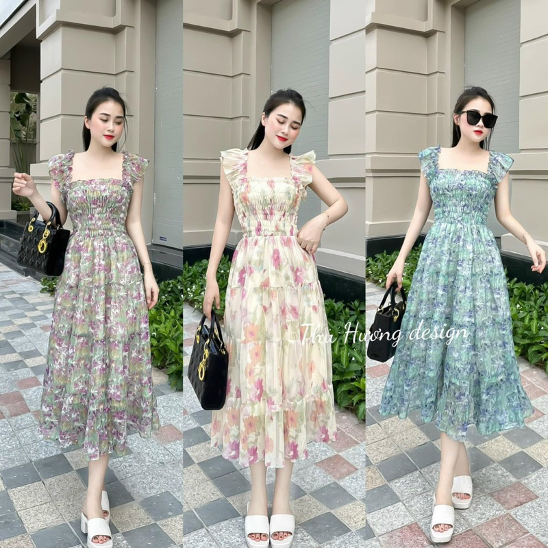 Đầm xoè voan hoa có lót trong và bra ngực - Free size
