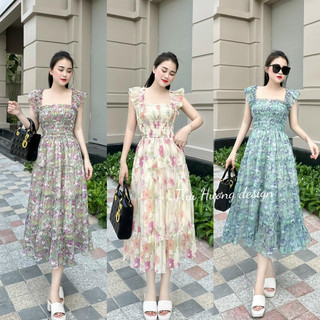 Đầm xoè voan hoa có lót trong và bra ngực - Free size
