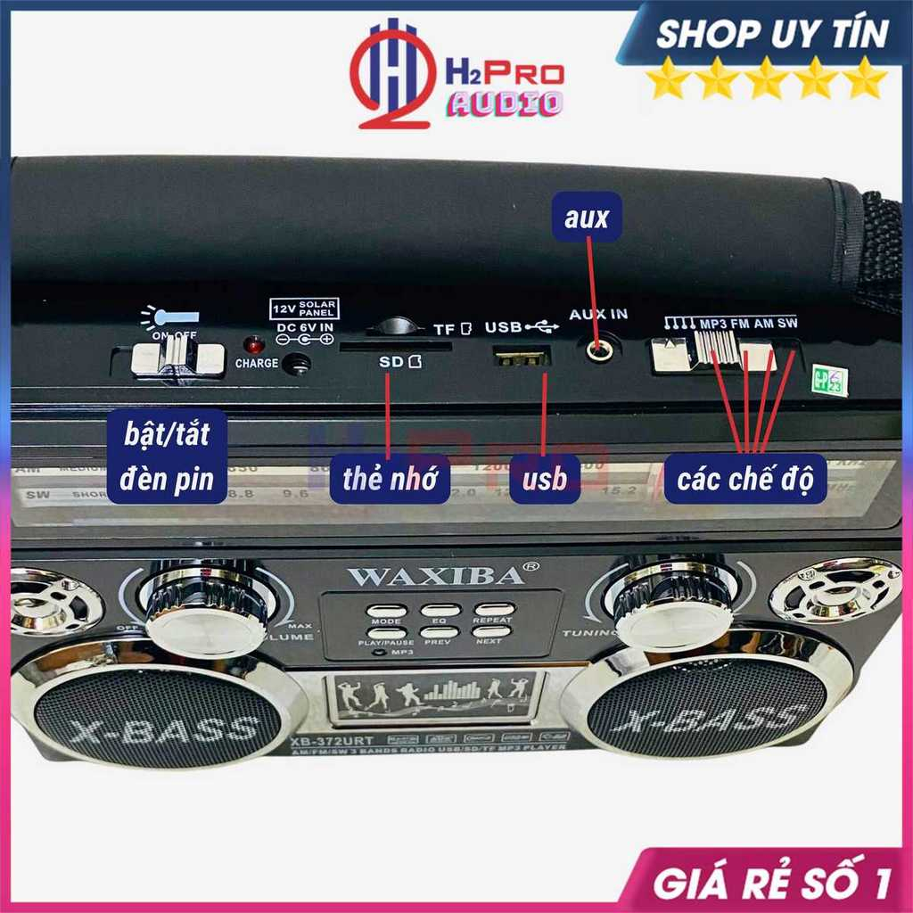 Máy Nghe Nhạc Kiêm Đài Radio FM Waxiba XB-372 URT AM-SW, 2 Loa X-Bass, Thẻ Nhớ và USB, Đèn Pin Led, Pin Sạc-H2pro Audio