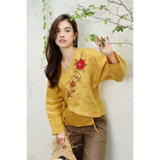MaxMessi - Áo vạt chéo nữ Linen Tưng Premium YEM tay dài tà đắp chéo thêu hoa thủ công