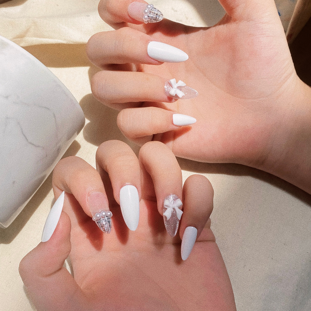 Nail Box móng úp thiết kế thủ công mắt mèo kẻ dạ đính nơ Kimsunailmi