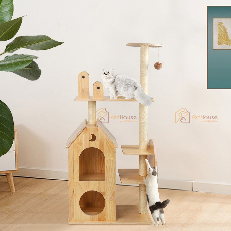 Nhà mèo 2 tầng hình mái nhà có trụ và bàn cào móng gỗ thông tự nhiên phủ PVC